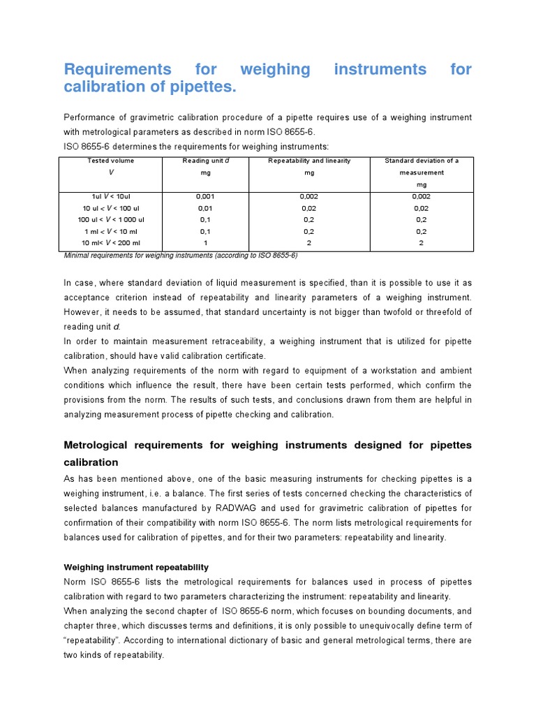 Requirements for Weighing Instruments for Calibration of Pipettes