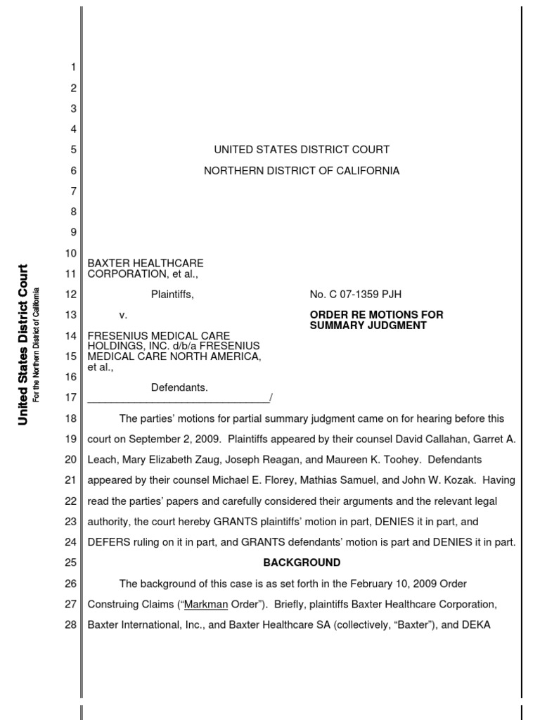 Order Re Motions For Summary Judgment PDF Patent Claim Summary