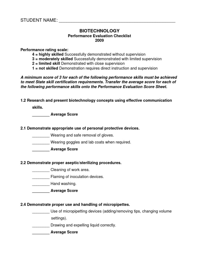Biotechnology Skill Performance Evaluation | PDF | Gel Electrophoresis ...