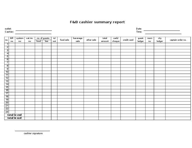 F&B Cashier Summary Report Template | PDF