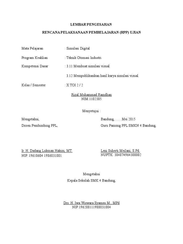 Lembar Pengesahan RPP Ujian (Edit) | PDF
