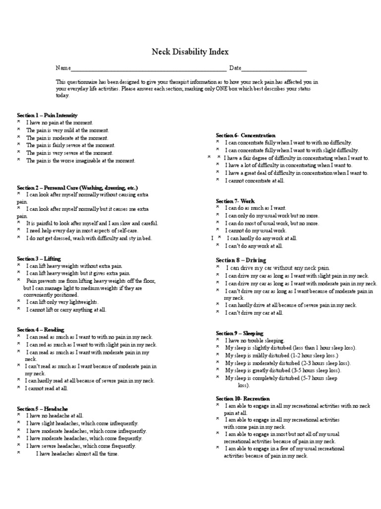 Neck Disability Index PDF Headache Pain