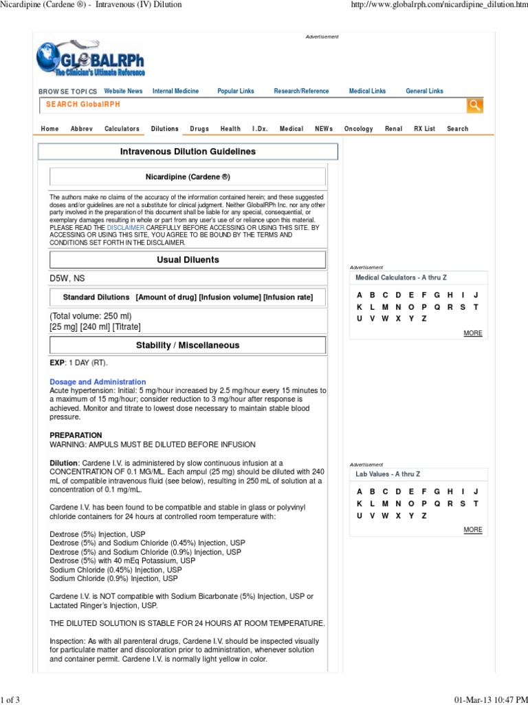 Nicardipine (Cardene ®) Intravenous (IV) Dilution.pdf Intravenous