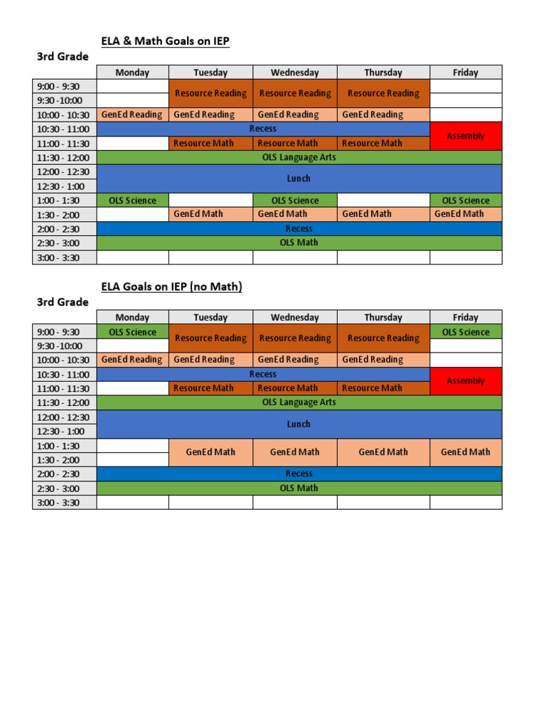 Seawell Elementary 5th Grade Schedules