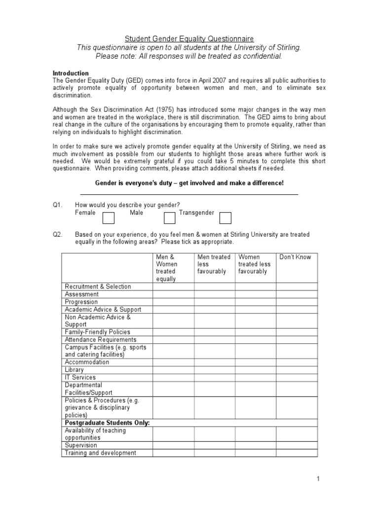 Student Gender Equality Survey | PDF | Gender | Gender Studies