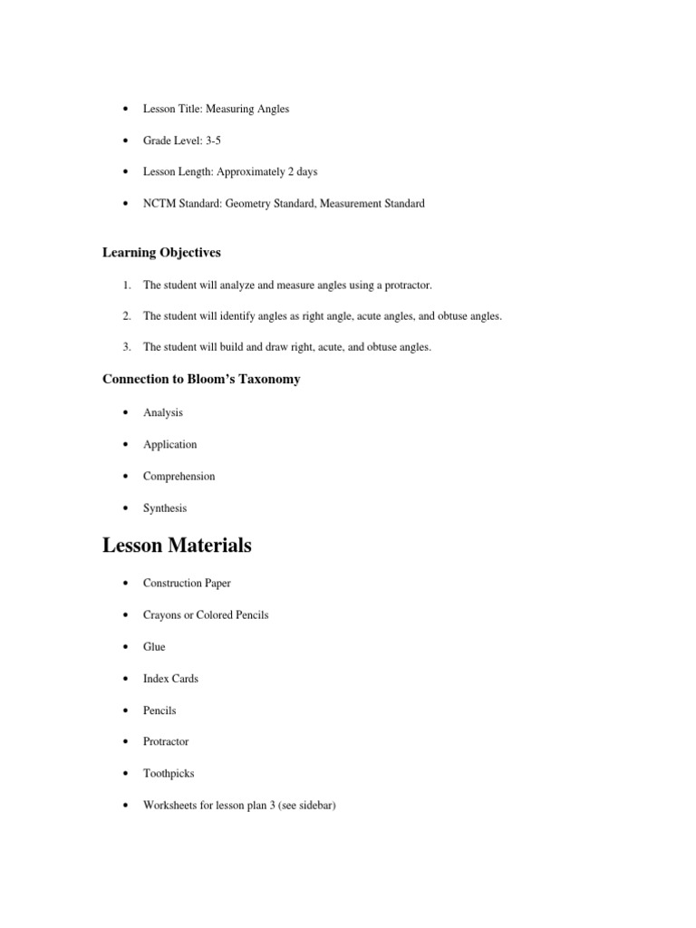 Measuring Angles Lesson Plan | PDF | Angle | Educational Assessment