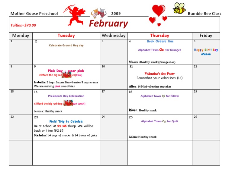 February Activities at Mother Goose Preschool | PDF