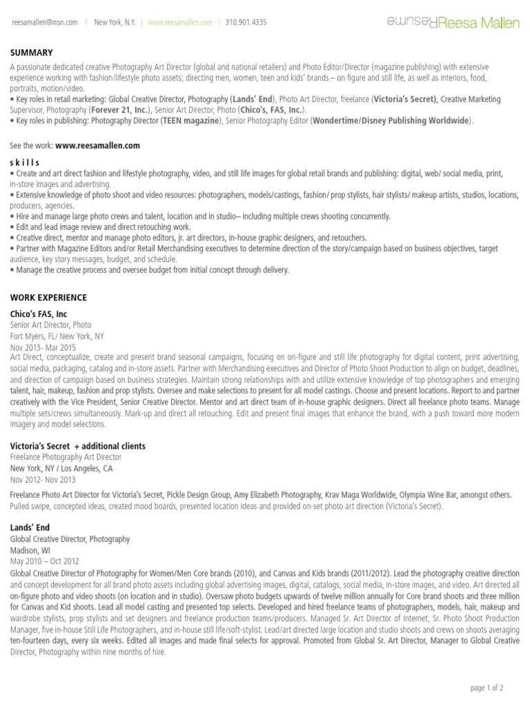 Photography Art Director in NYC Resume Reesa Mallen PDF Editing