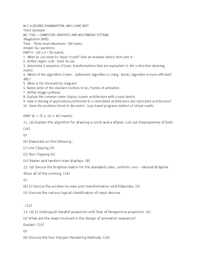 Multimedia Question Papers Rendering Graphics) Multimedia