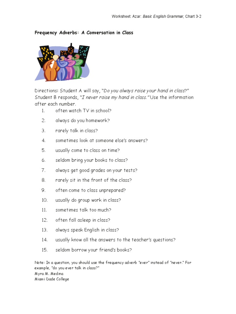 Frequency Adverbs A Conversation in Class Worksheet Azar Basic