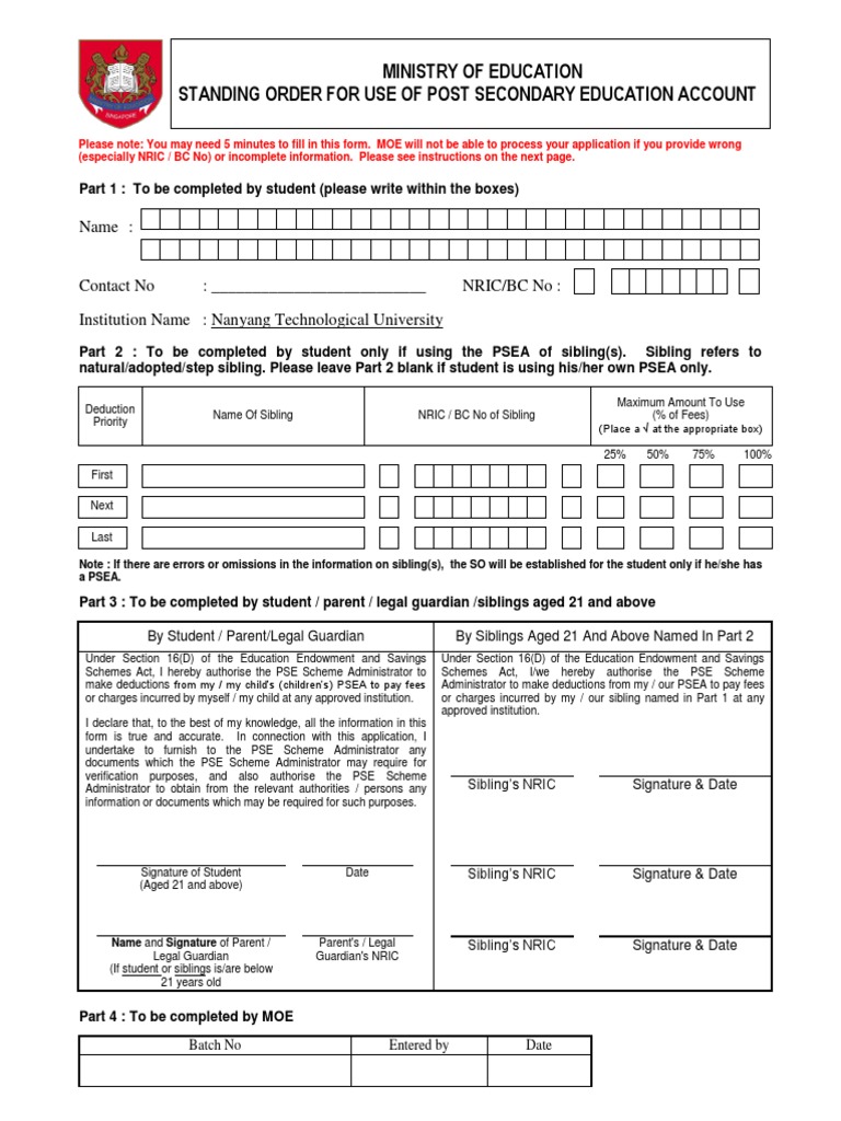 Application for Use of Post Secondary Education Account and