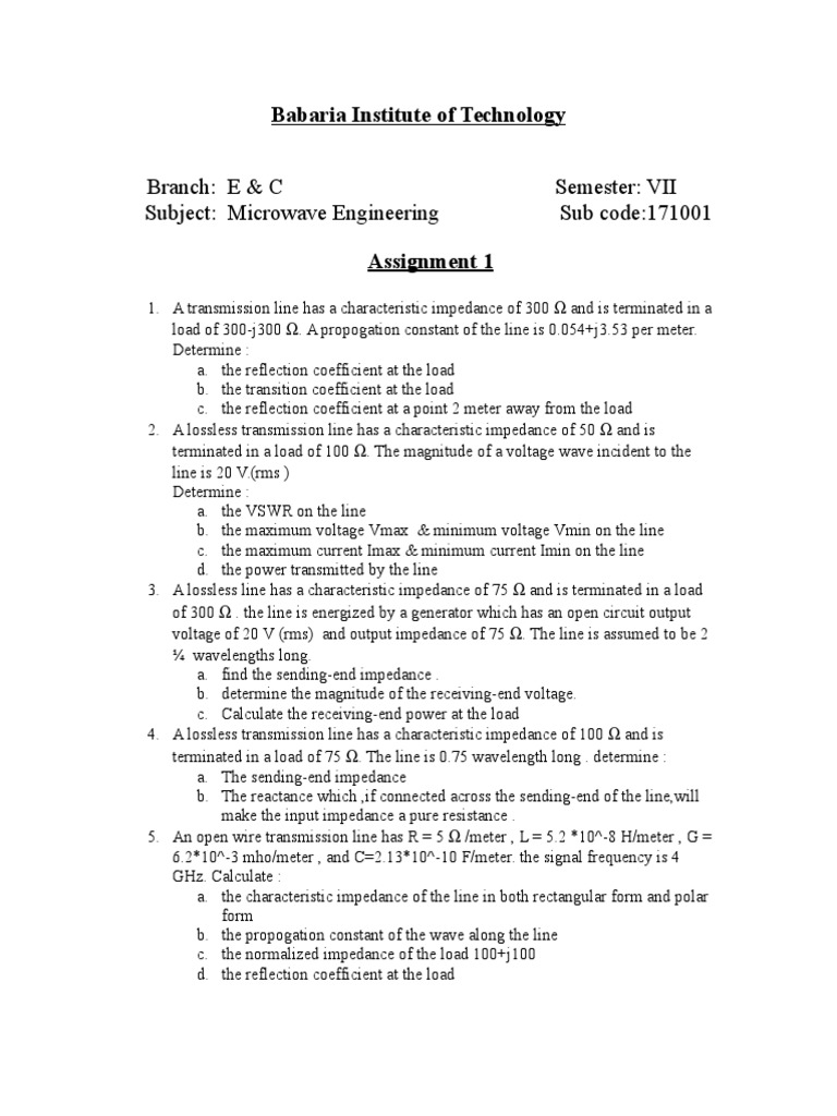 Microwave Engineering Objective Questions PDF Transmission Line