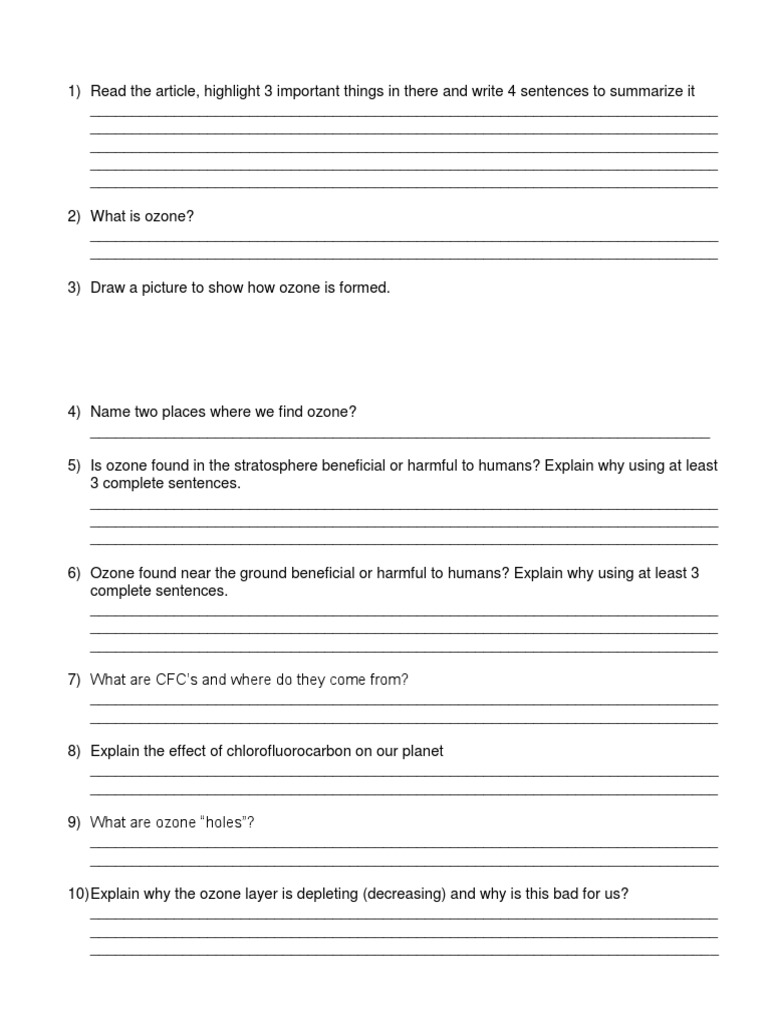 ozone worksheet | Chlorofluorocarbon | Stratosphere | Free 30-day Trial