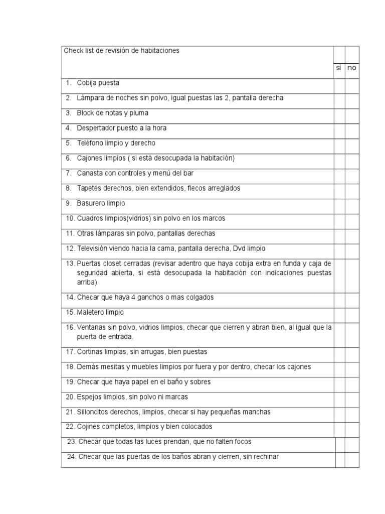 Check List de Revisión de Habitaciones | PDF | Hogar, jardinería y ...