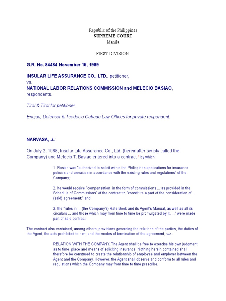 106 Insular Life V Nlrc Law Of Agency