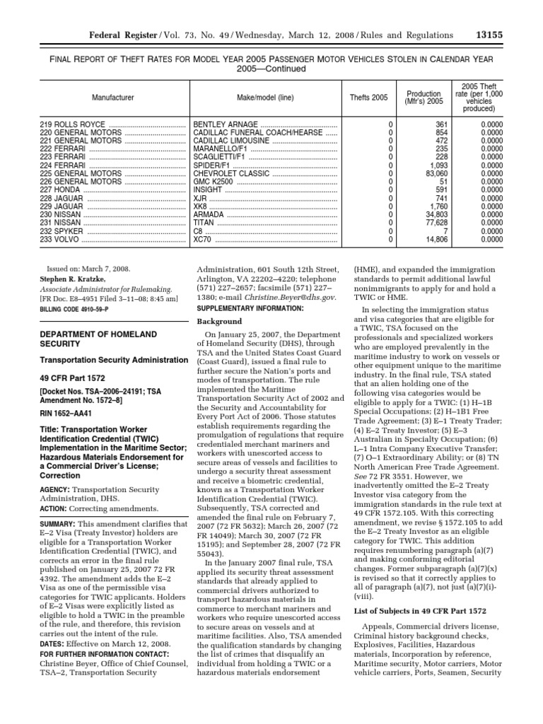 Rule Transportation Worker Identification Credential Implementation