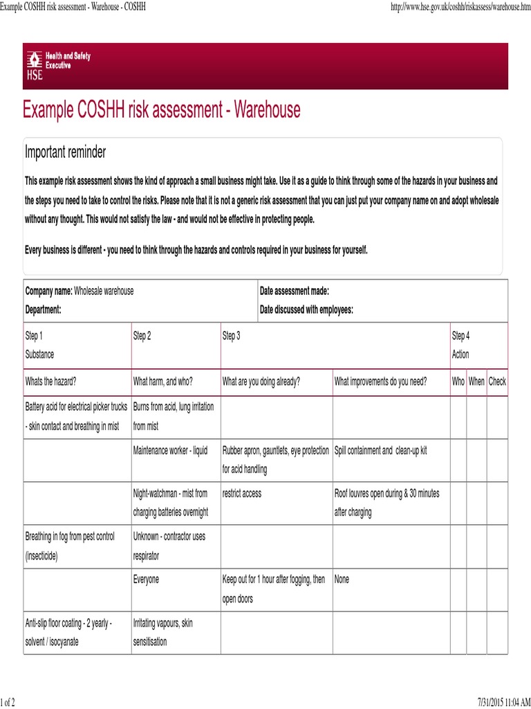 Example COSHH Risk Assessment - Warehouse - COSHH