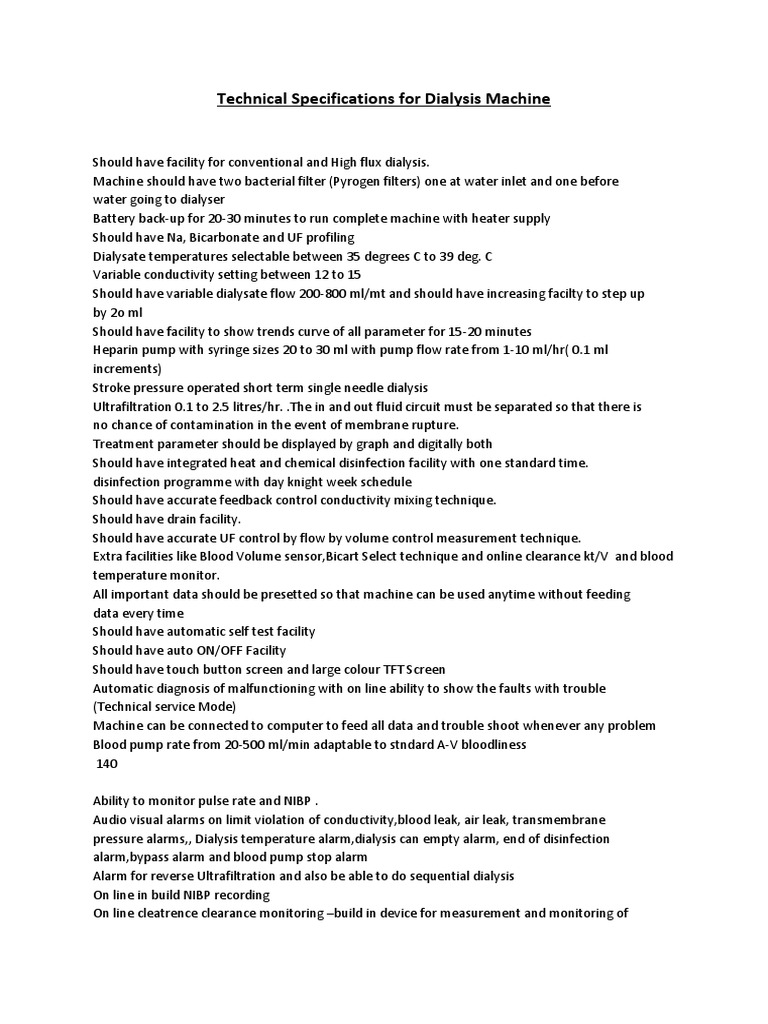 Dialysis Machine Technical Specifications | PDF | Dialysis | Hemodialysis