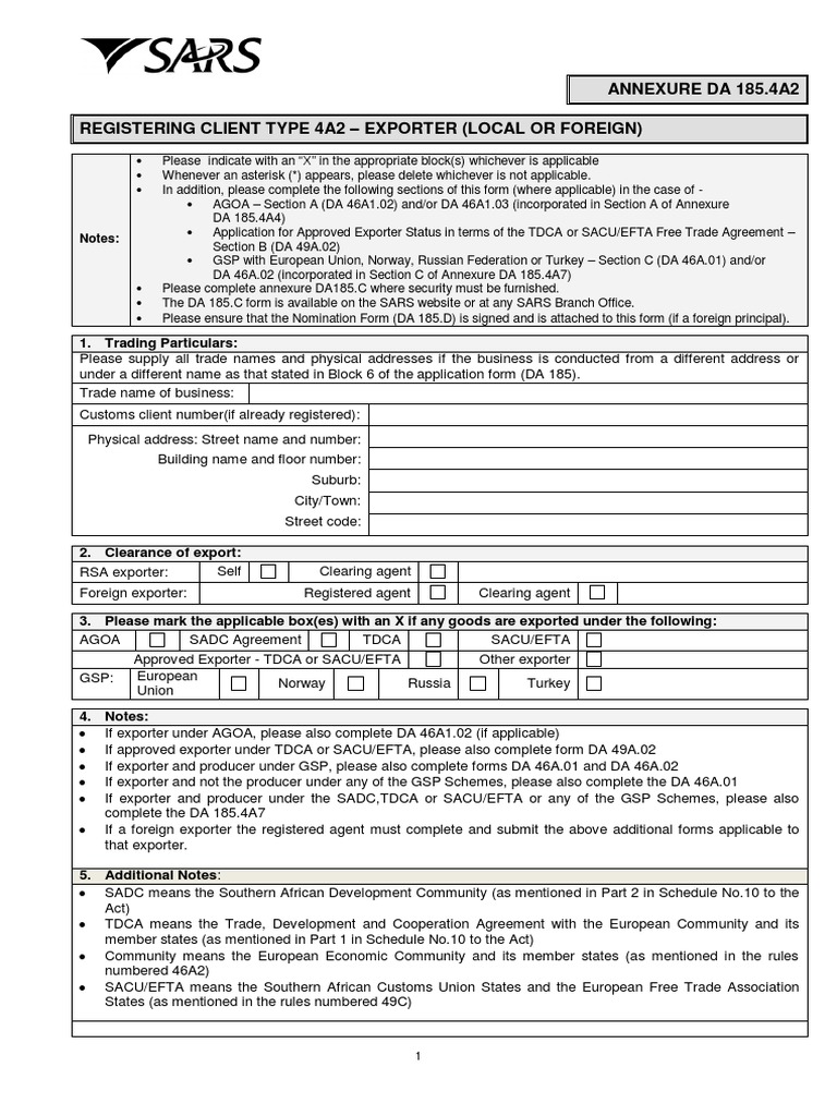 DA 185.4A2 Exporter Registration Form | PDF | Trade | International Trade