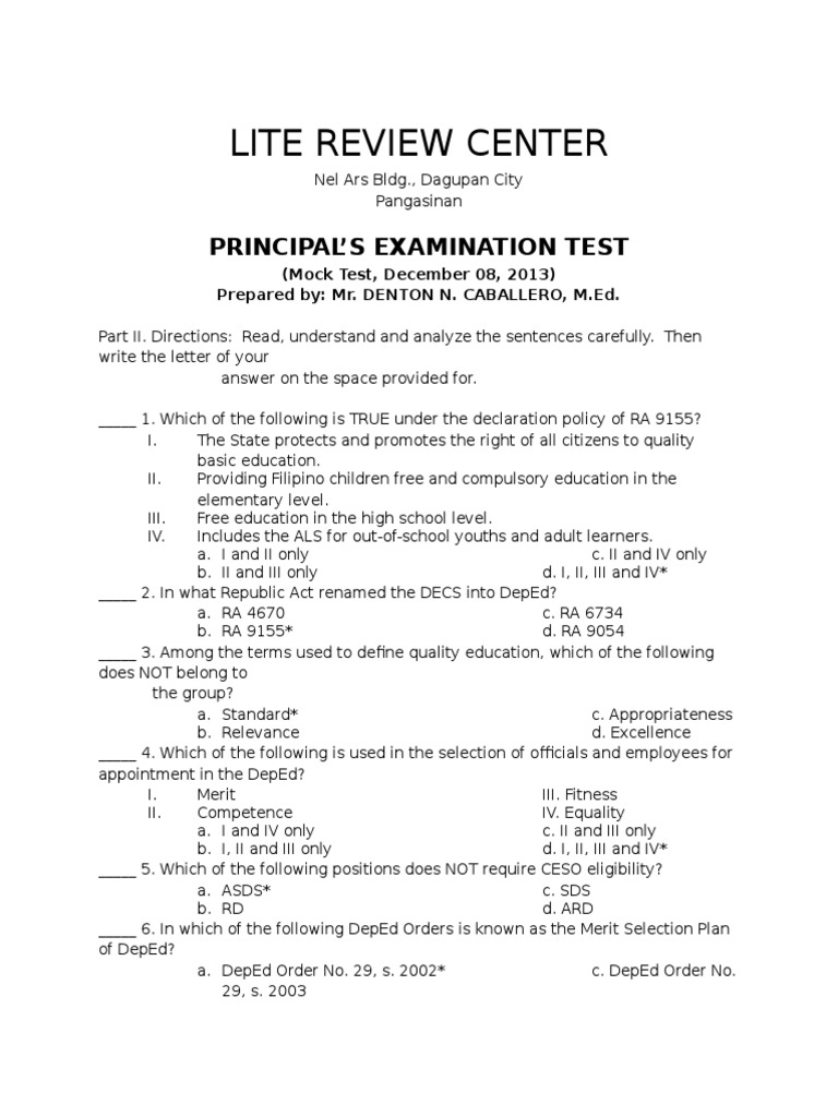 Nqesh 2013 Mock Test 2013 With Answers | PDF | Leadership | Lesson Plan