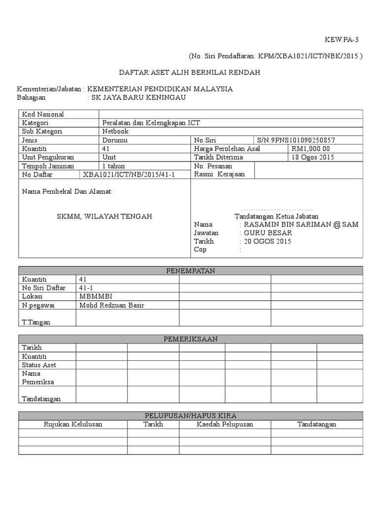 Kew 1 Pa 3 Daftar Aset Alih Bernilai Rendah Skjb 2015 Pdf