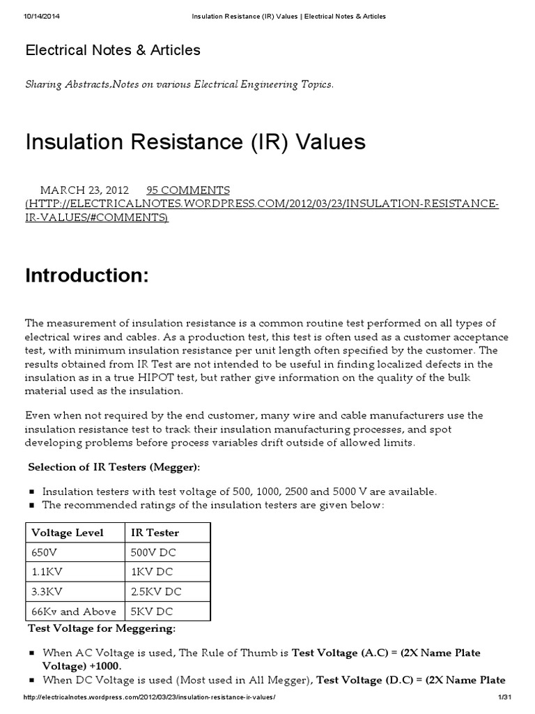 Insulation Resistance (IR) Values Electrical Notes & Articles PDF