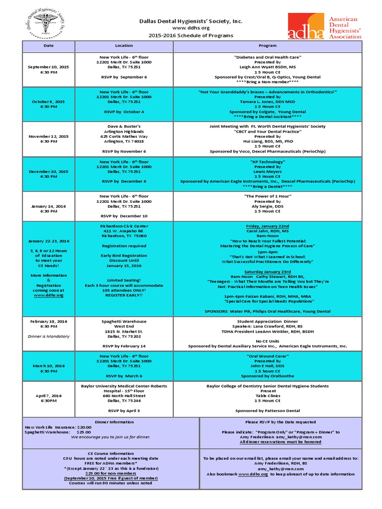 2015 2016 Schedule of Programs Dental Hygienist Dental Degree