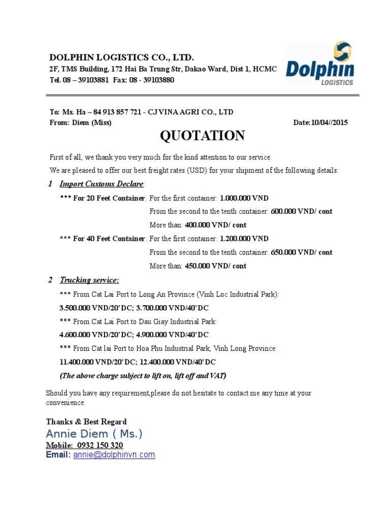 Dolphin Logistics Quotation for Freight | PDF | Technology & Engineering
