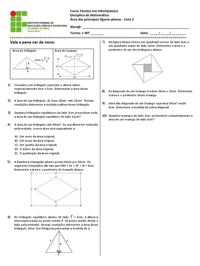 Exercícios sobre Área do Losango | PDF | Métodos e Materiais de Ensino