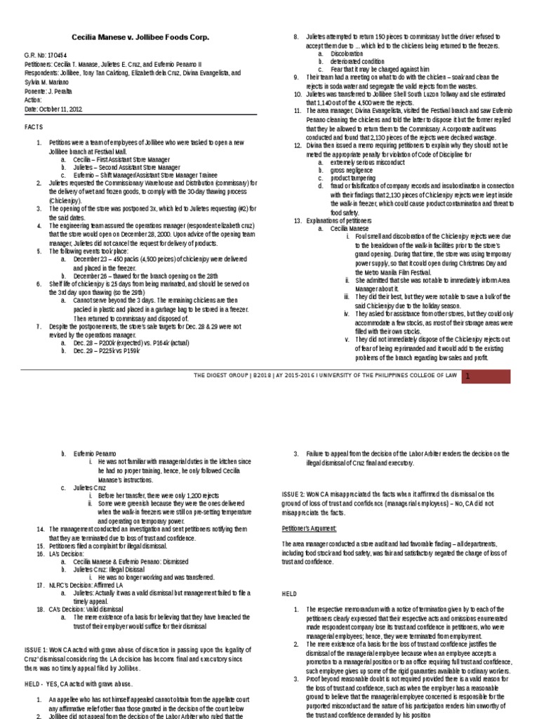 Cecilia Manese v. Jollibee Foods Corp. | PDF | Appeal | Employment