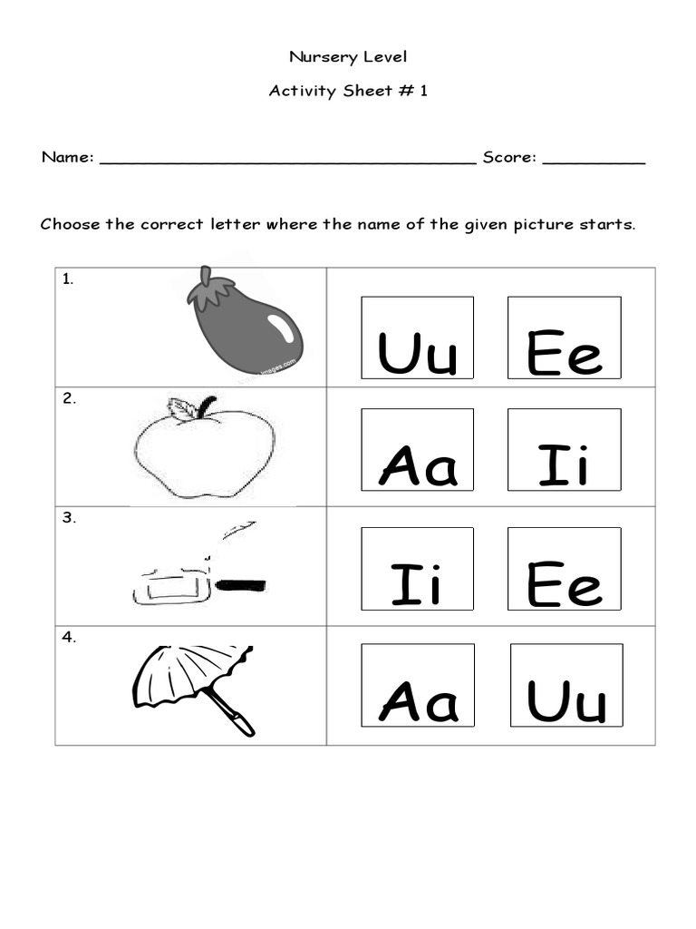 Uu Ee Ii Aa Ee Ii Uu Aa: Nursery Level Activity Sheet # 1 | PDF