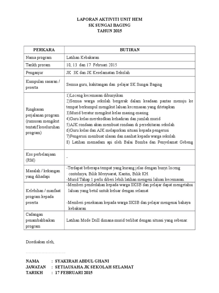 Laporan Aktiviti Unit Hem Kebakaran Pdf