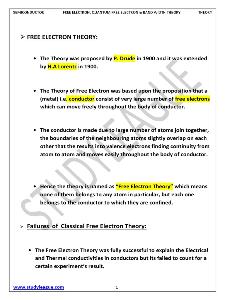 Ee Electron Theory, Quantum Free Electron Theory & Band Width Theory