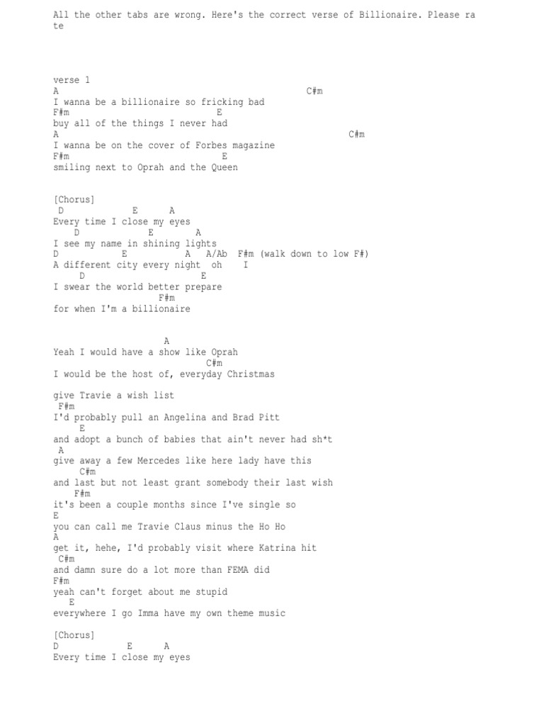 Billionaire Lyrics Bruno Mars Chords