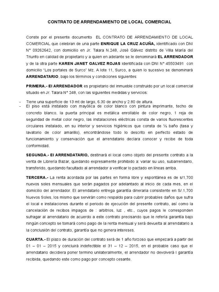 Contrato De Arrendamiento De Local Comercial Alquiler Pagos