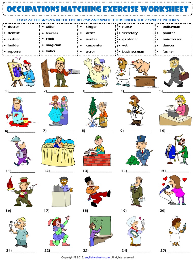 jobs occupations professions vocabulary matching exercise worksheet pdf
