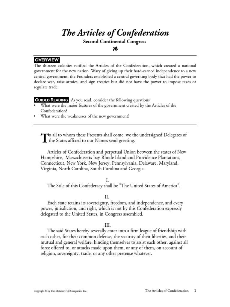 The Articles of Confederation | PDF | United States Congress | American ...