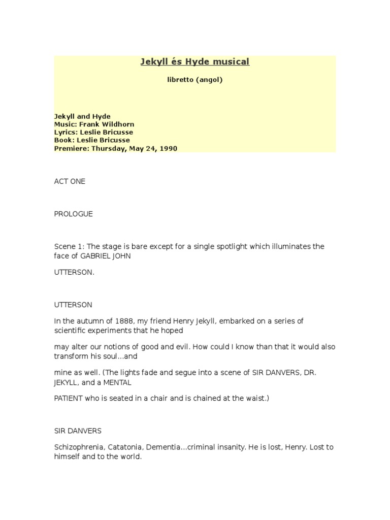 Jekyll and Hyde Musical Libreto Ingles | PDF | Dr. Jekyll And Mr. Hyde ...