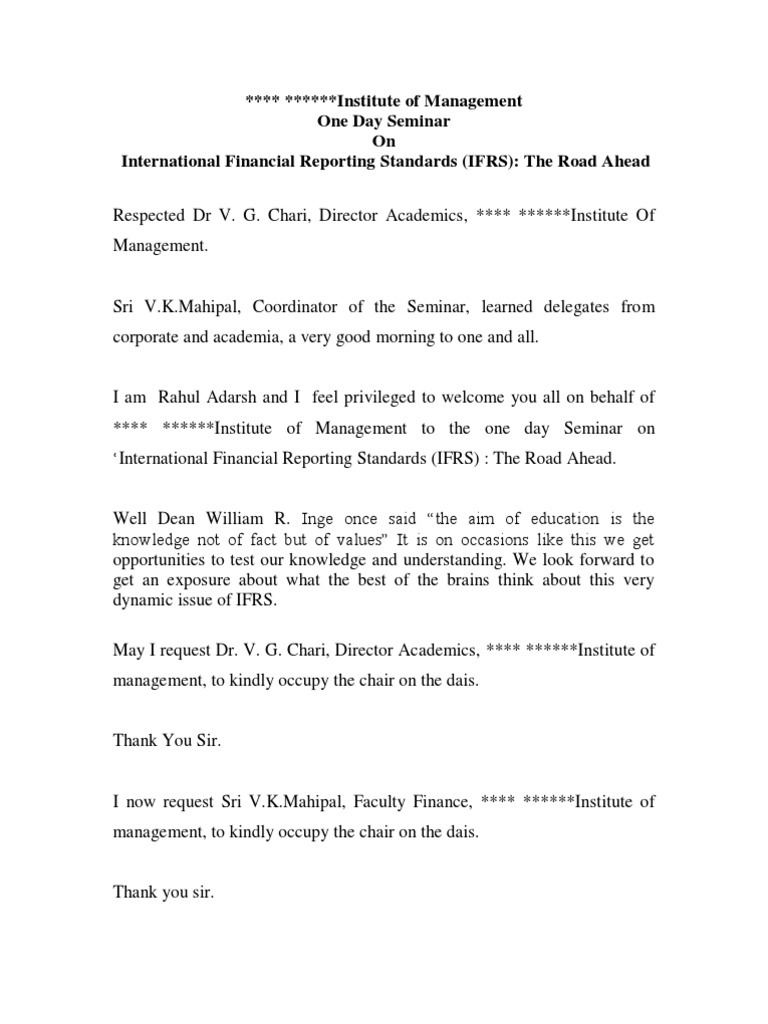 Anchoring Script For International Seminar Ifrs International Financial Reporting Standards