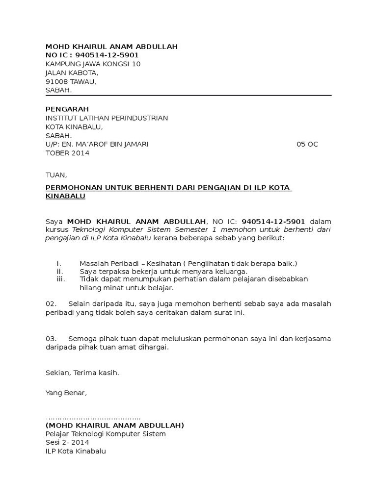 Contoh Surat Pemberitahuan Berhenti Kerja