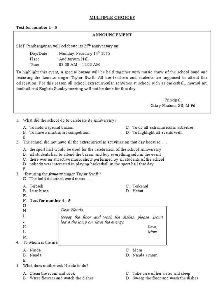 Soal Ulangan Harian B. Inggris Kelas 8 Personal Growth