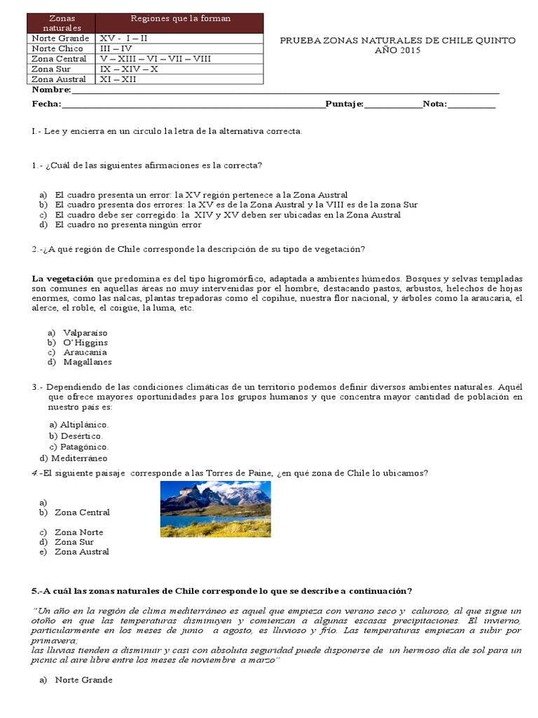 Prueba de Zonas Naturales de Chile 5° | PDF | Chile | Ciencias de la Tierra