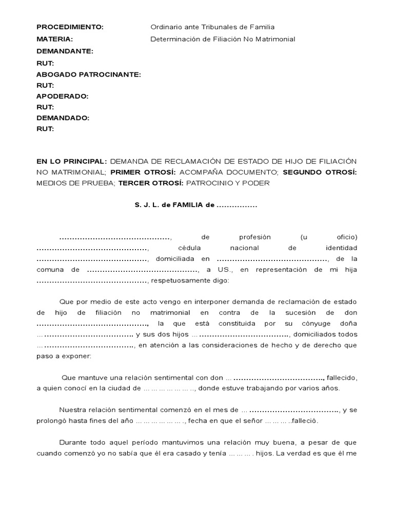 Filiacion. Demanda Reclamacion de Paternidad Madre de Menor Contra Sucesion  | PDF | Matrimonio | Procedimiento Civil