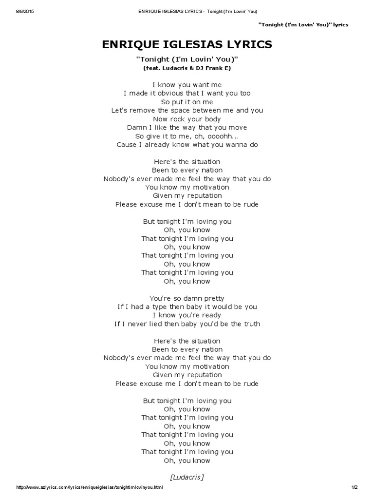 Enrique Iglesias Lyrics Tonight I M Lovin You Singles