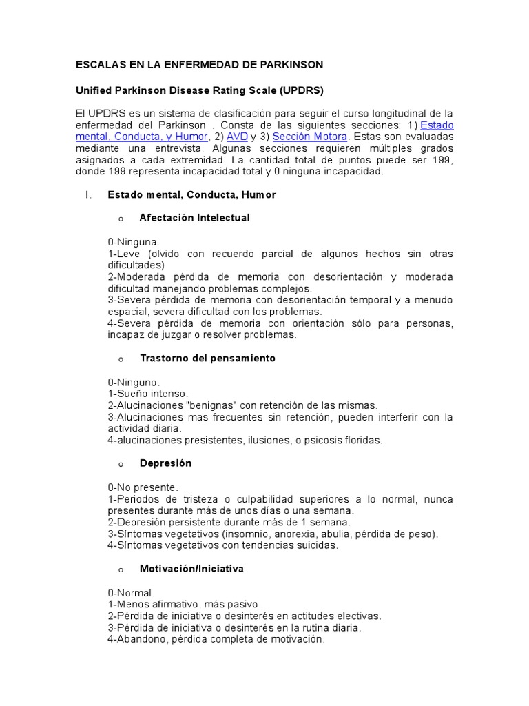 Escala UPDRS en Parkinson: Evaluación Clínica | PDF | Enfermedad de ...
