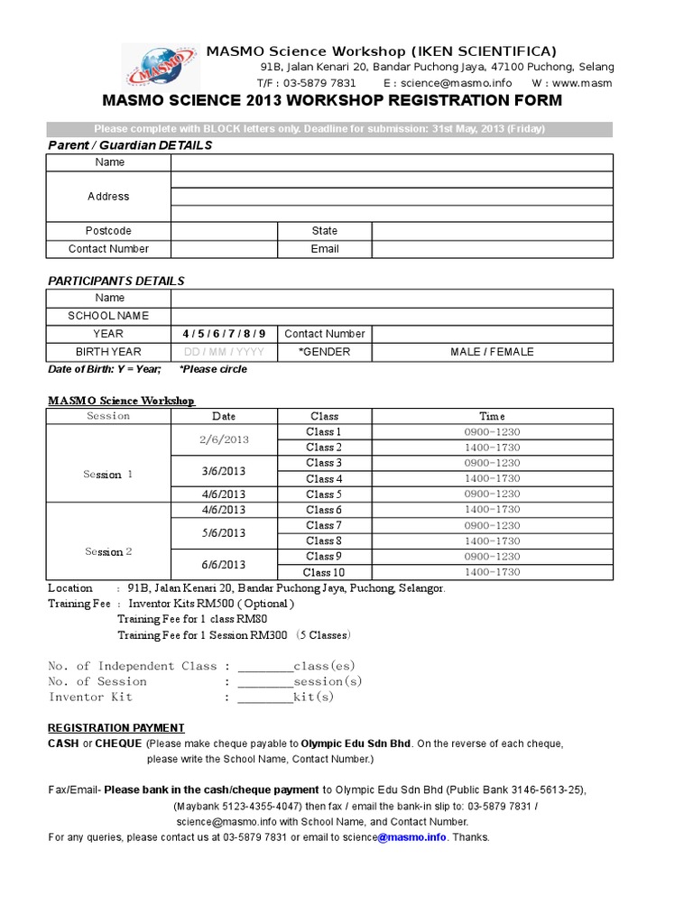 Masmo Science 2013 Workshop Registration Form (Eng) | PDF | Career & Growth