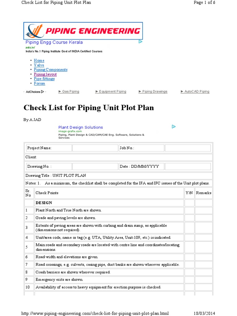 Piping Unit Plot Plan Checklist | PDF | Technical Drawing | Pipe (Fluid ...