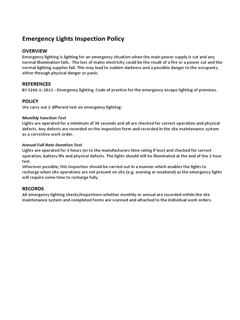 Emergency Lighting Inspection Policy PDF Lighting Nature