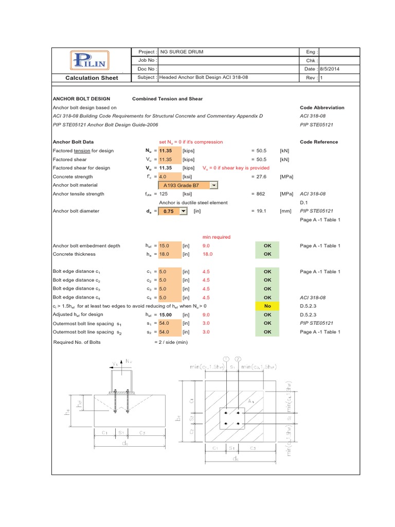 Calculation Sheet Anchor Bolt Design Combined Tension and Shear Code