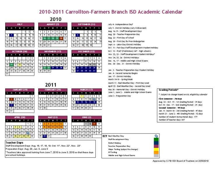 2010-2011 C-FB ISD Academic Calendar | PDF | Change | Schools